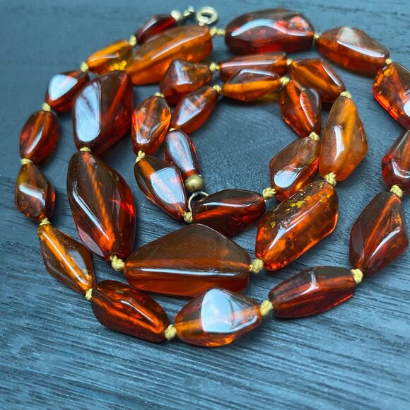 Vintage|Antique Geometric Honey-Cognac  Genuine BALTIC AMBER  24”Beaded NECKLACE - Picture 2 of 8